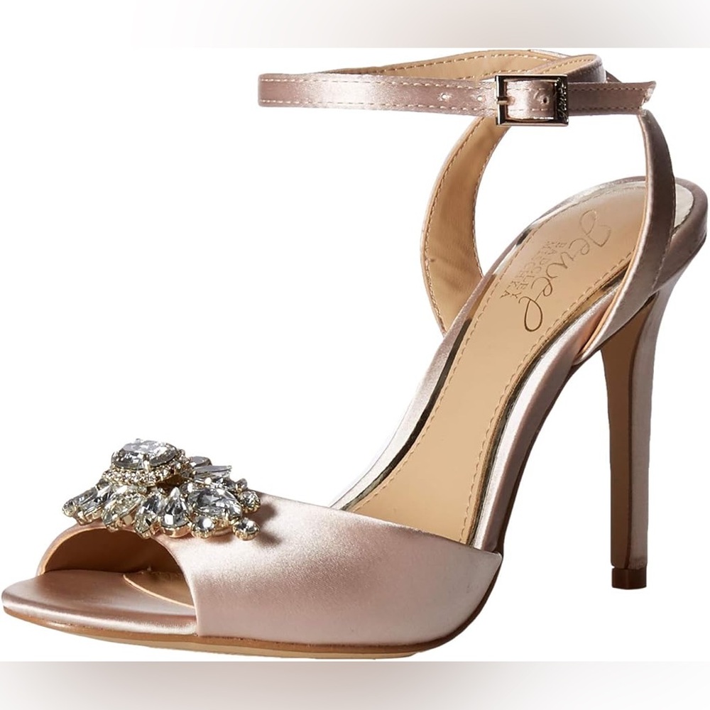 Jewel Badgley Mischka Hayden Crystal Embellished Peep Toe Satin Sandals size 6.5